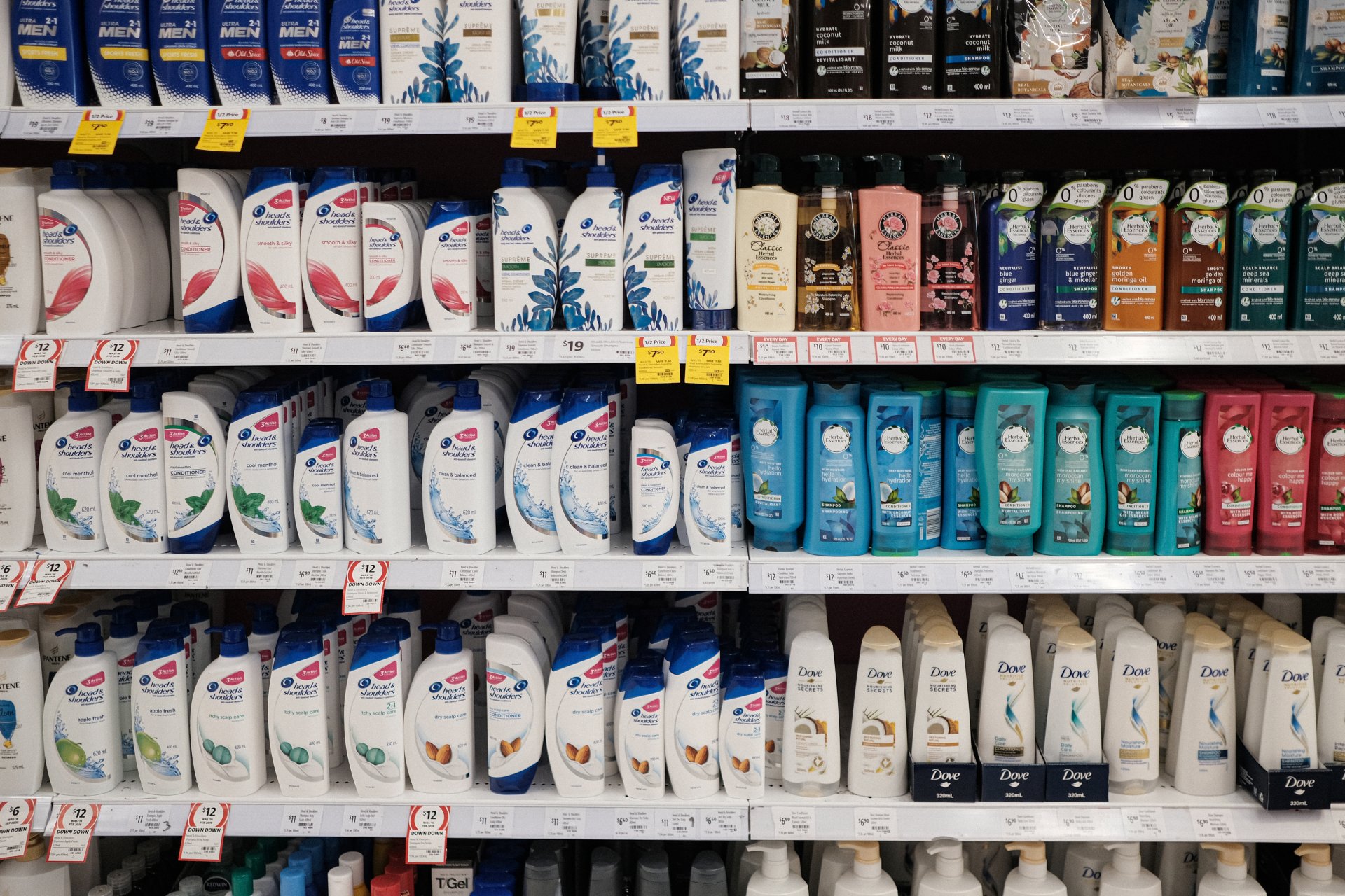 photo of shampoo products completely filling a supermarket shelf